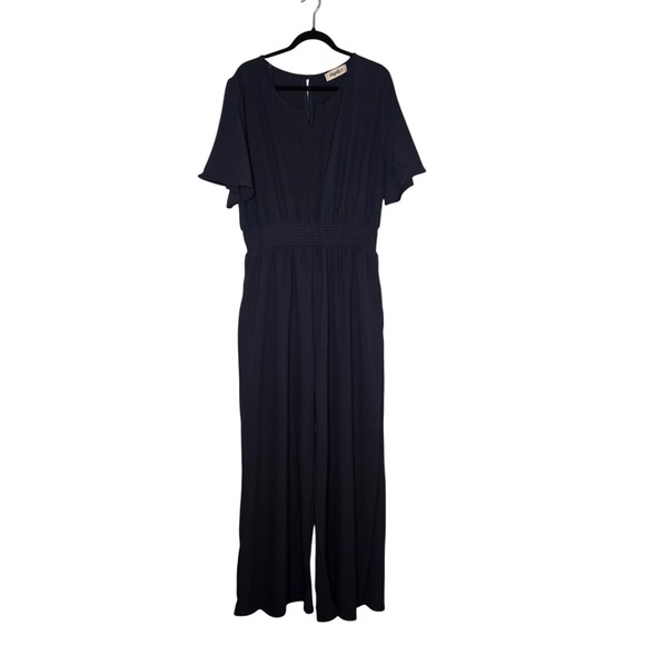 Haptics by Holler Harper Pants - Haptics Dark Blue Smocked Waist Crepe Jumpsuit Plus Size 3X